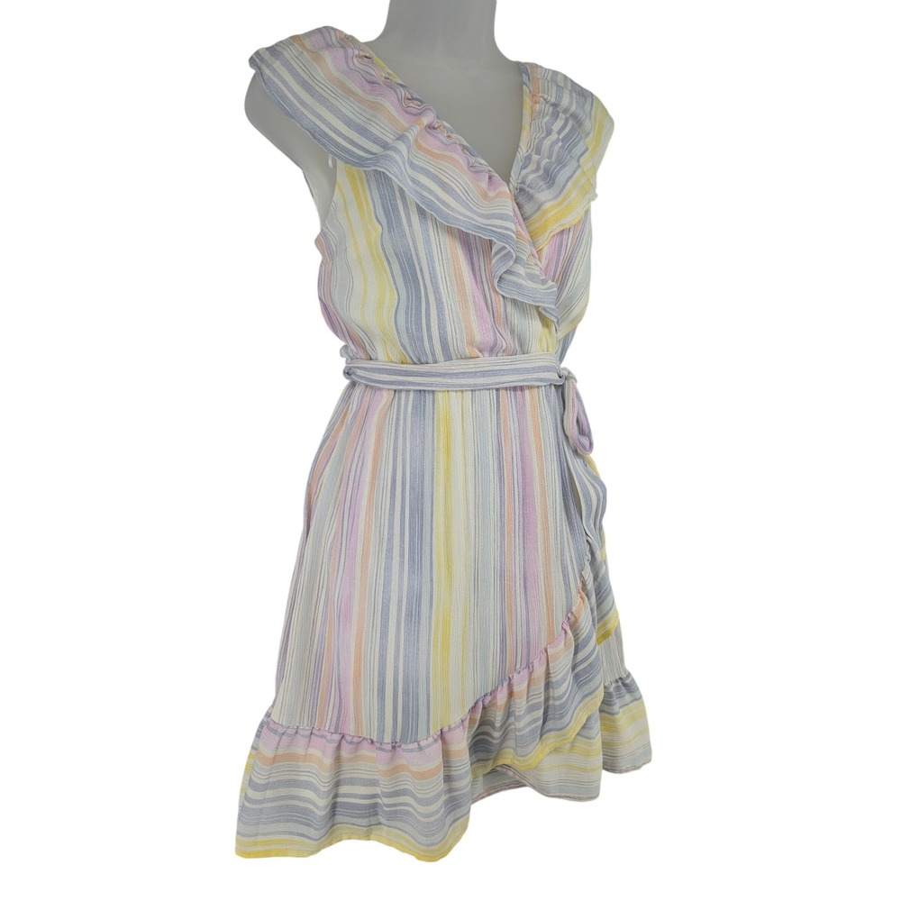 Lauren Conrad Small Pastel Striped Ruffle Faux Wrap Dress Sleeveless Mini V-Neck - Picture 4 of 9